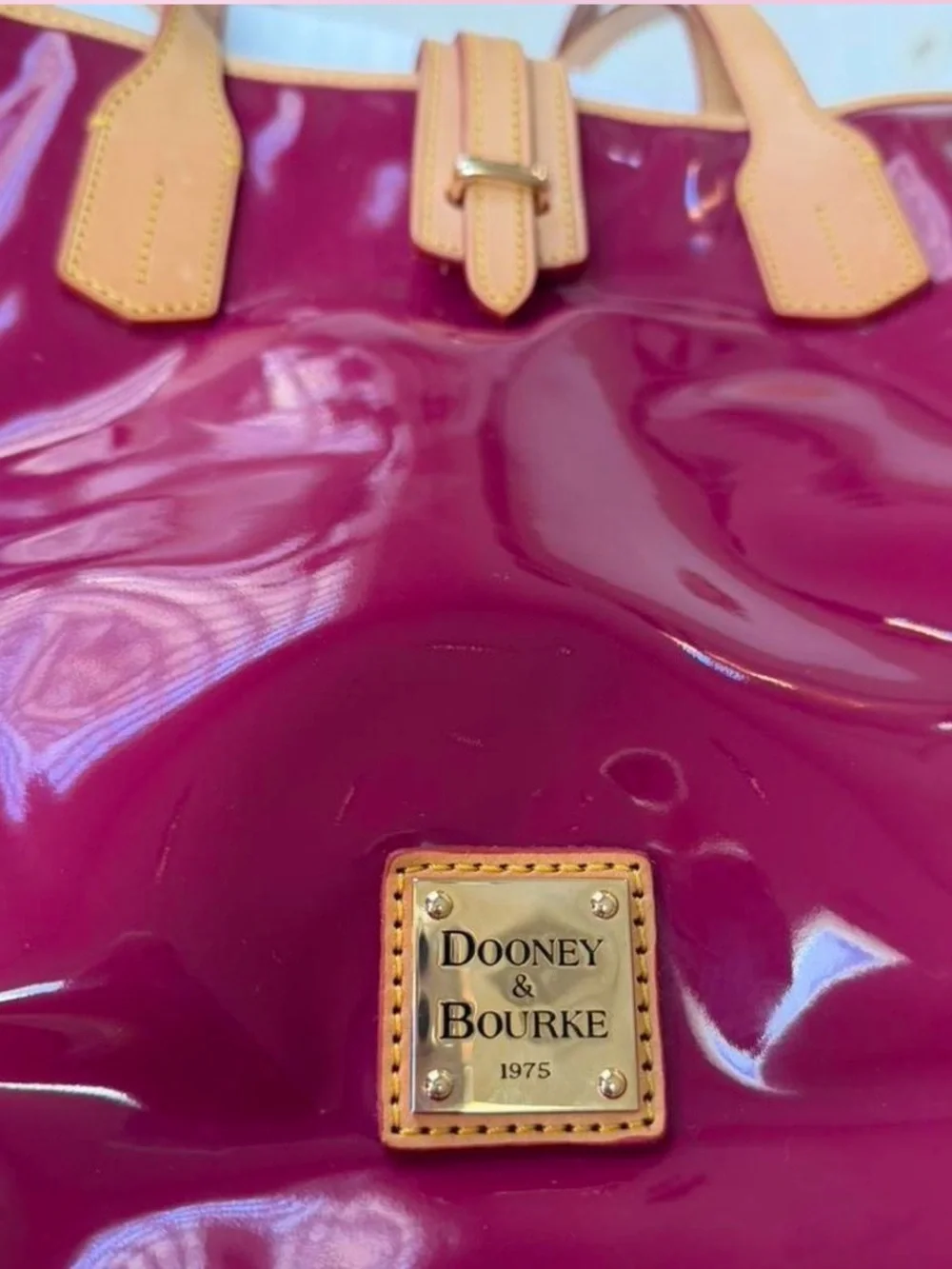 Dooney & Bourke Glossy fuchsia Patent Tote with Tan Trim